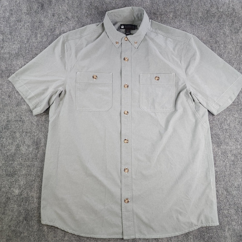 Alaskan Hardgear Shirt Large Short Sleeve‎ Button Down Gray Solid Pocket Duluth